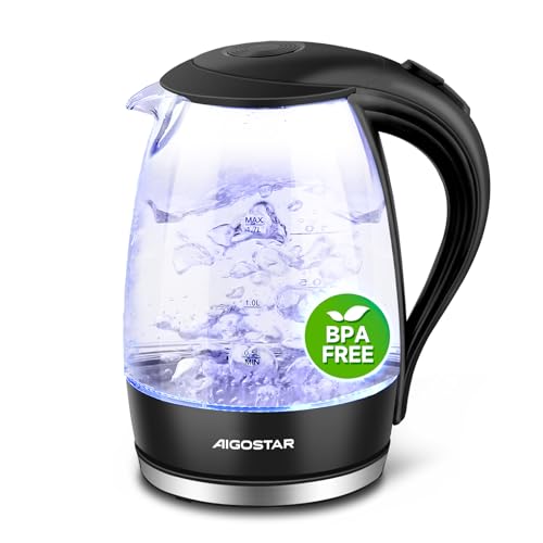 Aigostar Adam - Wasserkocher Glas 1,7 Liter, 2200 Watt, LED-Beleuchtung, 100% BPA Frei, Verdicktes...