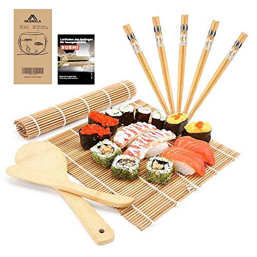 MUDEELA Sushi Set, Bambus Sushi Matte, Sushi Maker für Anfänger, karbonisierte Sushi Rollmatte, 2...